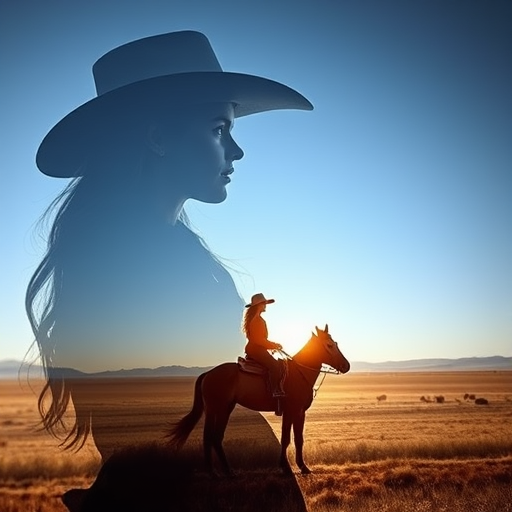 "Create a Double exposure", a silhouette "profile portrait of a young cowgirl" with long hair "superimposed" against a long shot of a cowgirl riding a horse across the plains, fantastic view, 32k, cinematic, hyper-realistic.