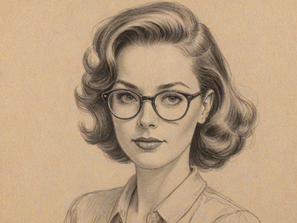 Delightful Tanya Chisholm, pencil sketch, portrait of Charming woman 1946s in glasses, hair style beatnik, outline, clear lines, fine lines, 8k