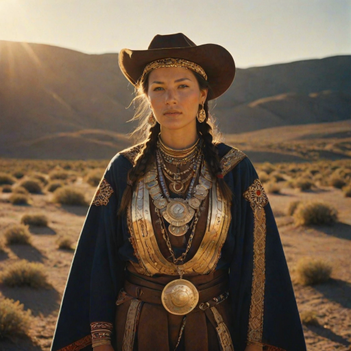 Dramatic photo of a beautiful Sami woman, classic cowboy attire, confident and free spirit expression, half-length portrait, centered, golden hour desert landscape, warm, diffused light, low angle, medium format film camera, in style of Annie Leibovitz.