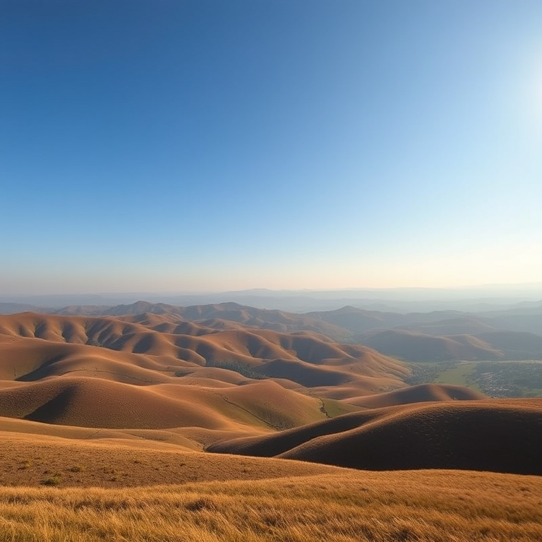 High-resolution image of a serene landscape with rolling hills and a clear blue sky taken with a Canon EOS R5, 50mm lens, f/8 aperture, ISO 100, 1/200 sec shutter speed, wide-angle view, natural lighting, taken during golden hour for enhanced warmth and clarity.