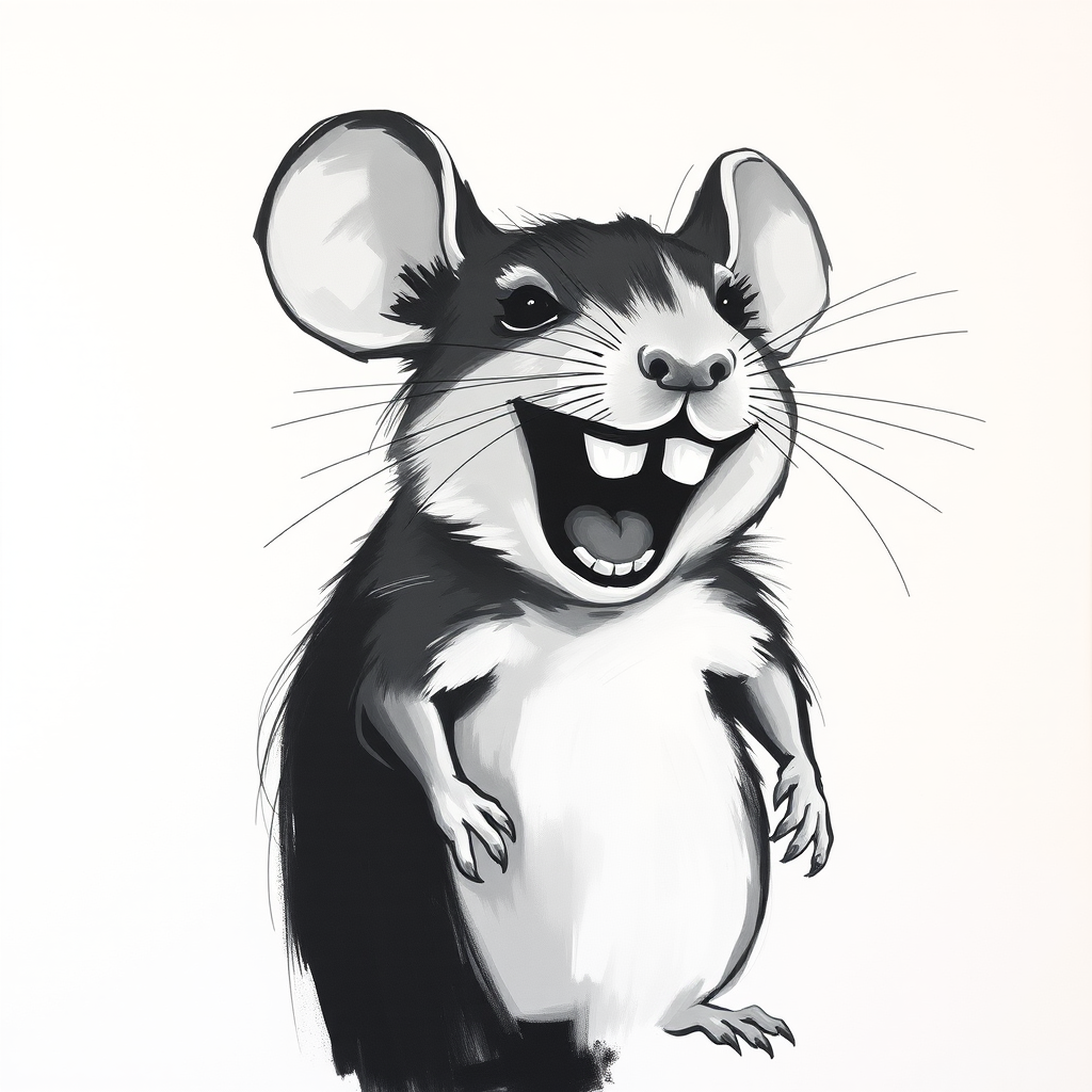 Abstract black and white acrylic portrait of an over exaggerated laughing (mouse). Minimalism style. White background.