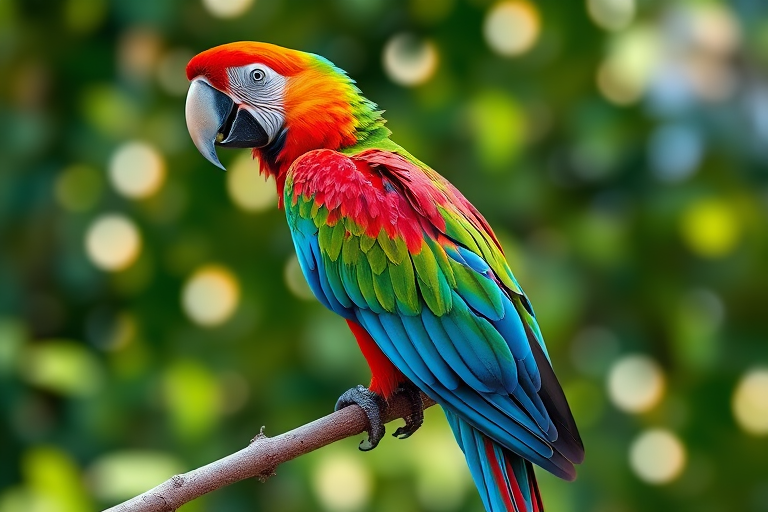 Capture a vibrant macaw perched on a branch, with vivid red, green, and blue feathers, using a DSLR camera with a 50mm lens, aperture f/2.8, shutter speed 1/200 sec, ISO 100, outdoors in natural light for enhanced color and detail.