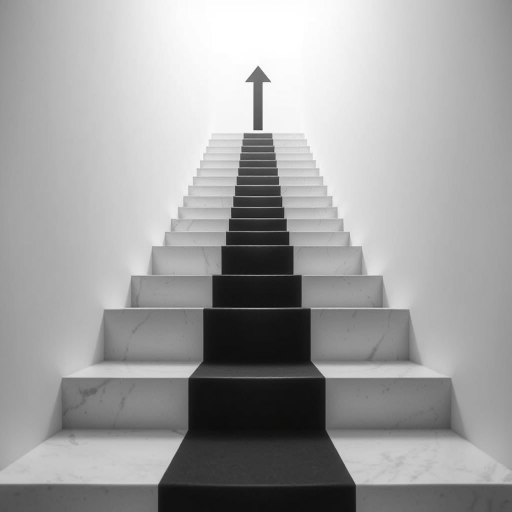 Create a minimalist black and white image of an upward staircase with an arrow indicating progress, shot with a DSLR camera at f/8 aperture, ISO 100, using a wide-angle lens, high resolution for clarity.