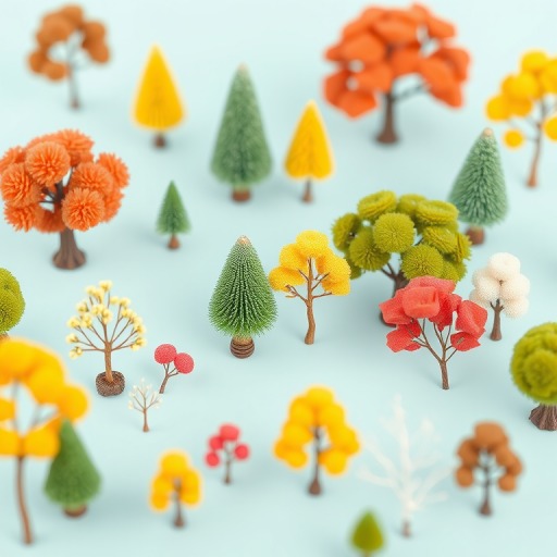 Generate a high-resolution image of various stylized trees on a soft light blue background, using a DSLR camera with a 50mm lens, aperture set to f/2.8, ISO 100, and a shallow depth of field for enhanced detail and vibrant colors.