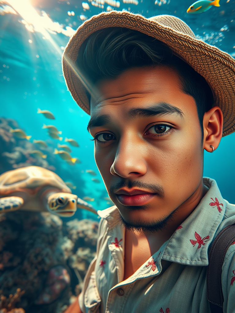 Realistic selfie image of a Tongan, wearing a vintage outfit, detailed dreamy eyes, droopy hooded eyes, staring at the camera, taken underwater at coral reef with a sunbeam filtering through the water, vibrant, summer vacation, natural lighting, turtle and school of tropical fish with vibrant colors, rendered in the style of CryEngine, Pegi Nicol MacLeod, with realistic genre scenes, hauntingly beautiful narratives, ultra-realism, and Thomas Saliot's close-up technique, 8K resolution, crystal clear and sparkling water.