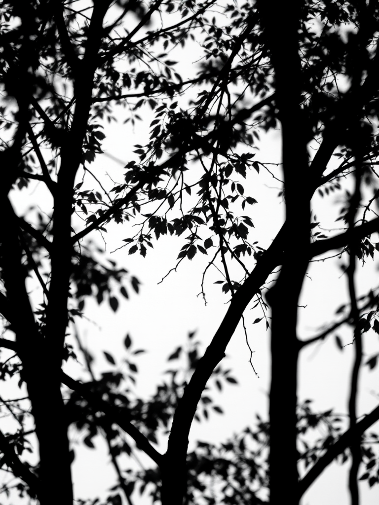 black and white silhouette of tree branches and leaves against a white background, soft focus, f/8 aperture, 1/200s shutter speed, ISO 100, taken with a full-frame camera in landscape orientation, high dynamic range photography