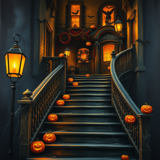 airbrushed oil painting, halloween theme, a haunted house, stairs, highly decorated, illuminated, lanterns, jack o'lantern, bats, webcobs
