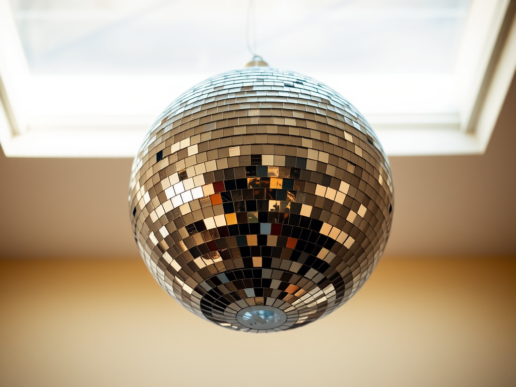 Create a high-resolution image of a disco ball hanging from a ceiling, captured with a DSLR camera at f/2.8 aperture, ISO 100, and a shutter speed of 1/60s, using a low-angle view and soft natural lighting to enhance reflections and details.
