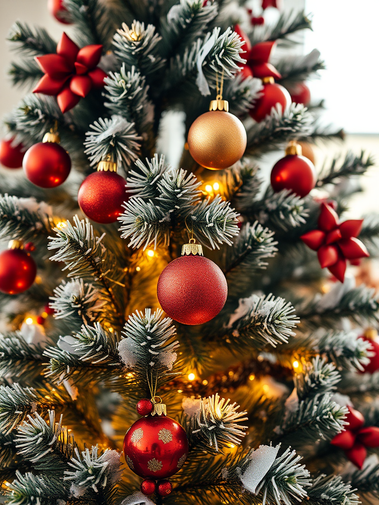 Create an image of a beautifully decorated Christmas tree with red and gold ornaments, surrounded by snowflakes and a soft, glowing background that evokes a warm holiday atmosphere. Include some berry accents and a hint of twinkling lights.