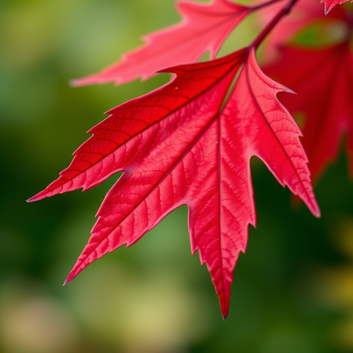 create a detailed macro photograph of a vibrant red maple leaf with high resolution, using a DSLR camera at f/2.8 aperture, ISO 100, shutter speed 1/200s, natural lighting, shallow depth of field, capturing intricate vein details and rich texture against a blurred green background