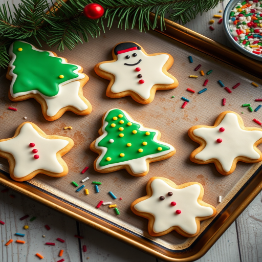 Create a festive baking scene featuring decorated Christmas cookies on a baking sheet, with colorful sprinkles scattered around, captured with a Canon EOS 5D Mark IV, 50mm lens, aperture f/2.8, ISO 100, top-down view, and vibrant colors for enhanced image quality.