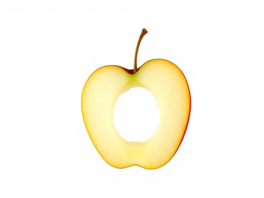 Create a high-resolution vector image of an apple core with a white outline on a transparent background, using a DSLR camera with a 50mm lens, aperture f/2.8, ISO 100, natural lighting from the side, and a macro focus for enhanced detail.