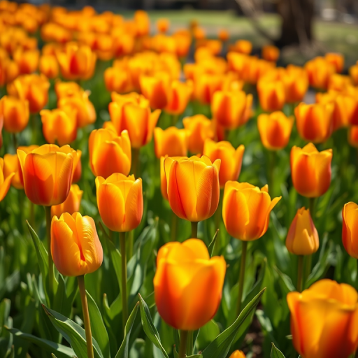 A vibrant field of orange and yellow tulips in full bloom, captured with a Canon EOS R5 camera at f/2.8 aperture, ISO 100, 50mm lens, in a macro view to highlight the details of the petals and leaves, using natural lighting for enhanced color saturation.