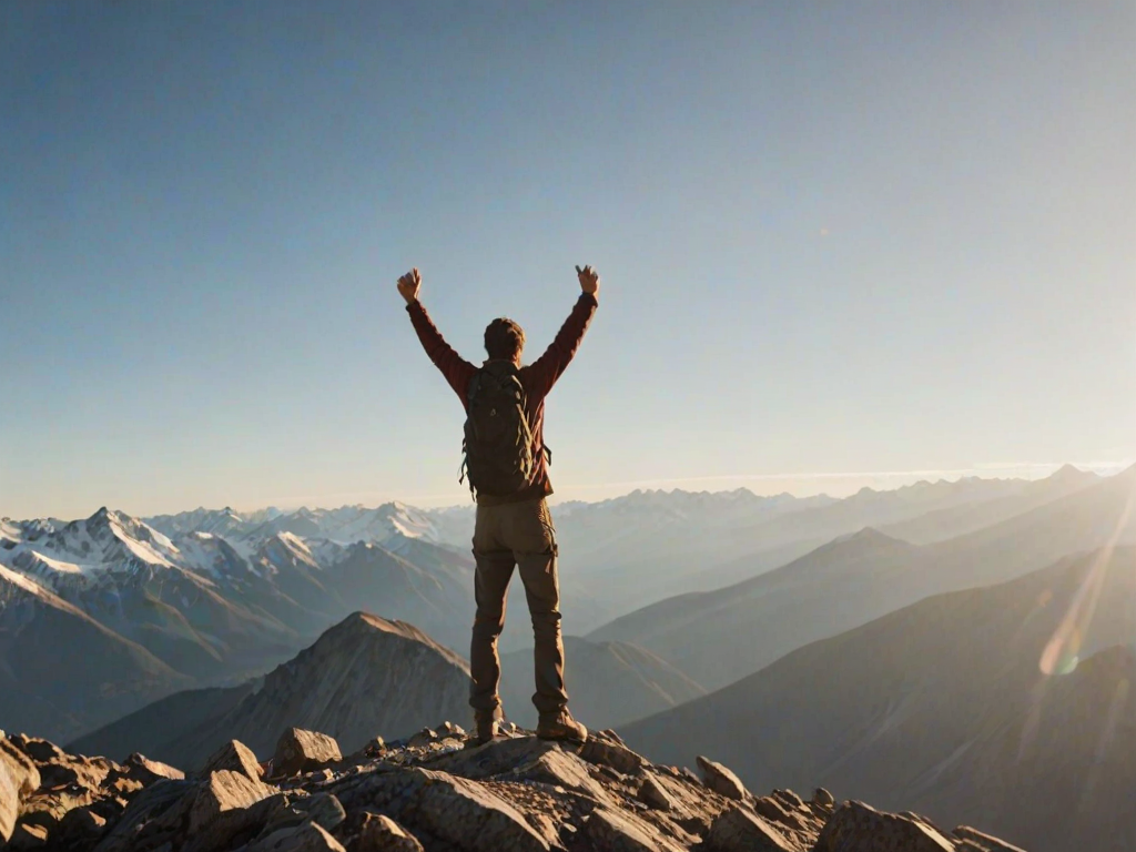 Blurry action shot of a hiker reaching the summit of a mountain, arms raised in victory, soft focus on the distant peaks, soft light from the early morning sun casting long shadows, and the feeling of accomplishment and freedom.