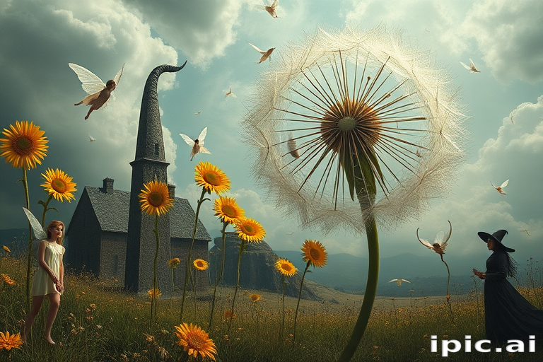 A surreal allegory featuring ethereal fairies, towering sunflowers, and an enigmatic witch, all set within a dreamlike landscape. The scene is dominated by a colossal dandelion, its delicate seeds floating through the air, reminiscent of Yves Tanguy's abstract forms. The environment is a blend of otherworldly elements and natural beauty, with twisted, elongated shapes and surreal colors that evoke a sense of mystery and enchantment.