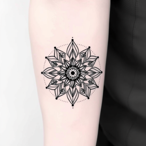 Minimalist blackwork tattoo named "Geometric Harmony" showcasing clean lines and precise angles forming an intricate mandala pattern with dotwork shading and negative space elements