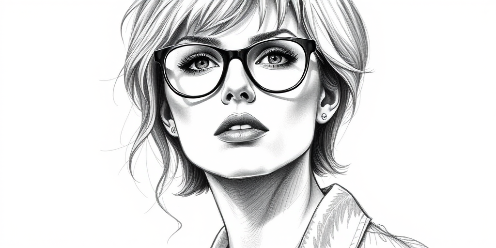 Beautiful Charlize Theron, pencil sketch, portrait of beautiful woman 60s in glasses, hair style beatnik, outline, clear lines, fine lines, 8k