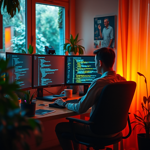A person sitting at a desk in a cozy room, illuminated by warm orange light from a window, working on dual monitors filled with code, surrounded by indoor plants, Canon EOS R5, 50mm f/1.2 lens, ISO 400, f/2.8, 1/60s, soft focus background, vibrant colors.