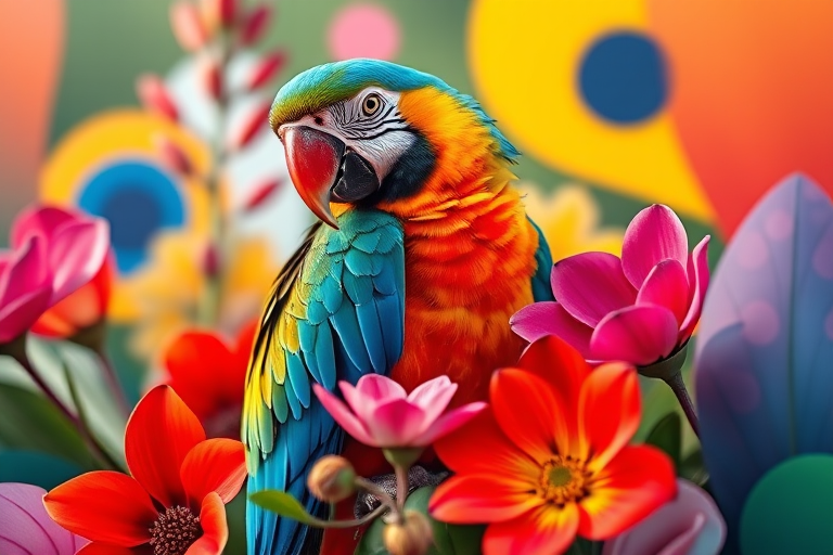 create a vibrant and detailed image of a parrot surrounded by colorful flowers and abstract shapes, use a Canon EOS R5, 85mm lens, f/1.4 aperture, ISO 100, shoot in soft natural light, focus on intricate details and vibrant colors with a shallow depth of field for a dreamy effect