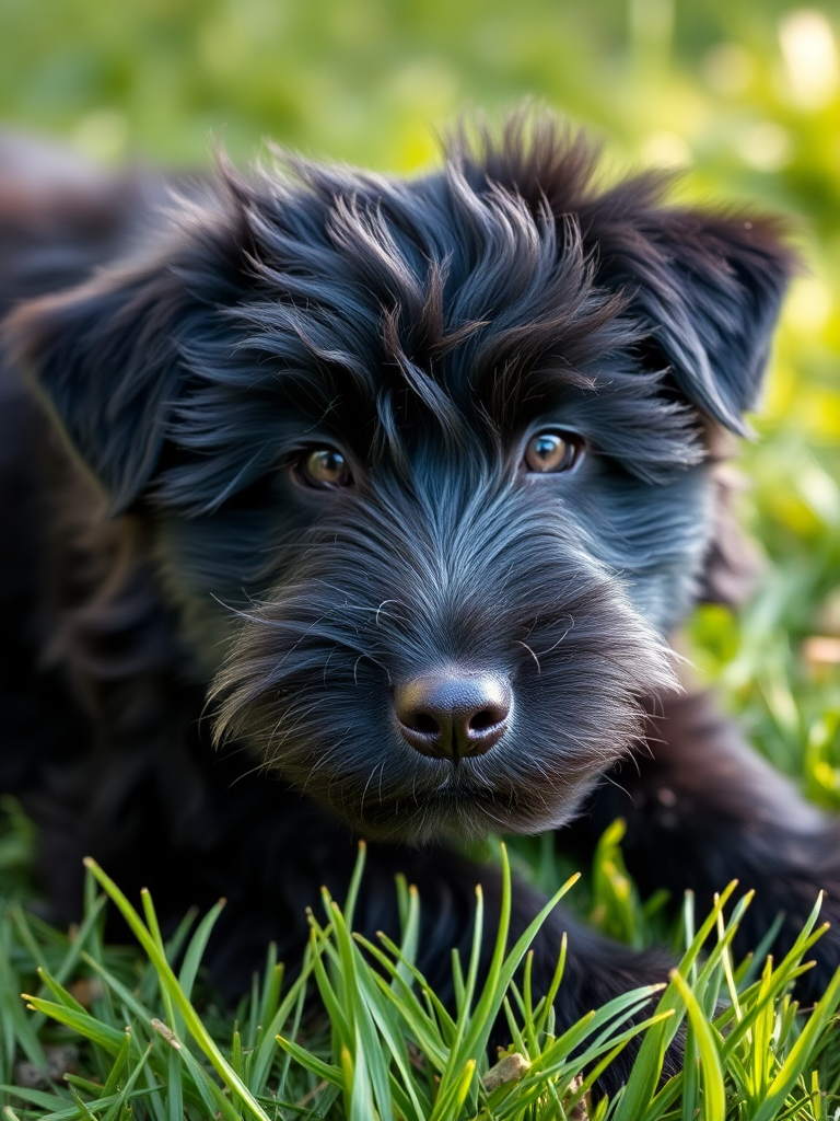 Capture a close-up shot of a fluffy black dog lying on green grass in soft natural light, using a DSLR camera with a 50mm lens, aperture f/1.8, shutter speed 1/200s, ISO 200, focus mode set to single point, and a low angle perspective to emphasize the dog's expression.
