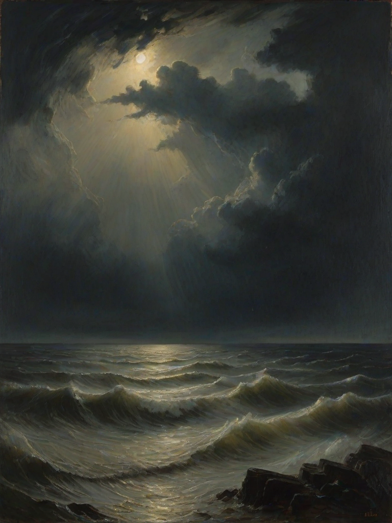 An atmospheric and powerful dark fantasy, natural organic and impressionist classical-style painting inspired by William Turner's Shade and Darkness - the Evening of the Deluge