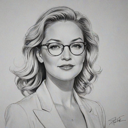 Stunning Kate Hudson, pencil sketch, portrait of Wonderful woman 1940s in glasses, hair style beatnik, outline, clear lines, fine lines, 8k
