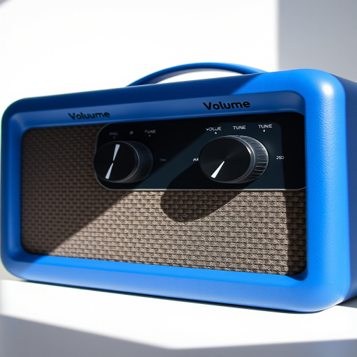 Create a high-resolution image of a blue speaker with a textured surface and two knobs labeled Volume and Tune, captured with a DSLR camera at 50mm focal length, aperture f/4, ISO 100, in bright natural lighting with a slight shadow for depth.