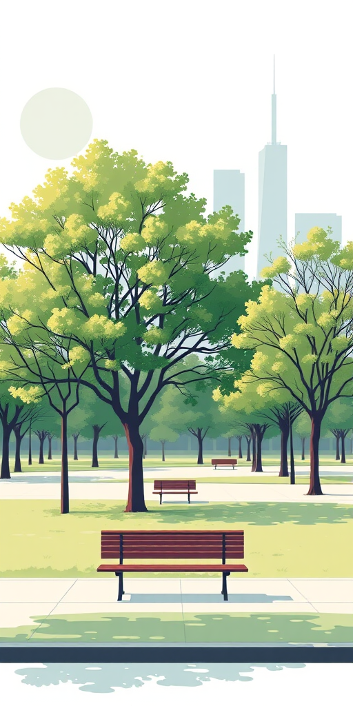 Create a vector-style illustration of a tranquil park scene with minimalistic trees and benches, featuring a skyline in the background, captured with a 50mm lens at f/8, using a digital illustration technique to enhance clarity and color vibrancy.