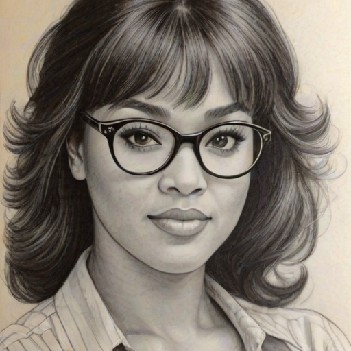 Lovely Jackee Harry, pencil sketch, portrait of Stunning woman 1979s in glasses, hair style beatnik, outline, clear lines, fine lines, 8k