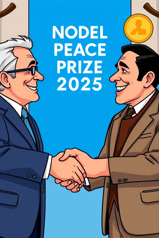 Create a cartoon-style illustration of two happy men shaking hands, one holding a prestigious award, with a bright blue banner in the background that reads "Nobel Peace Prize 2025", camera settings: ISO 100, f/8, 1/250s, camera view: close-up, camera style: illustrative, camera type: digital art.
