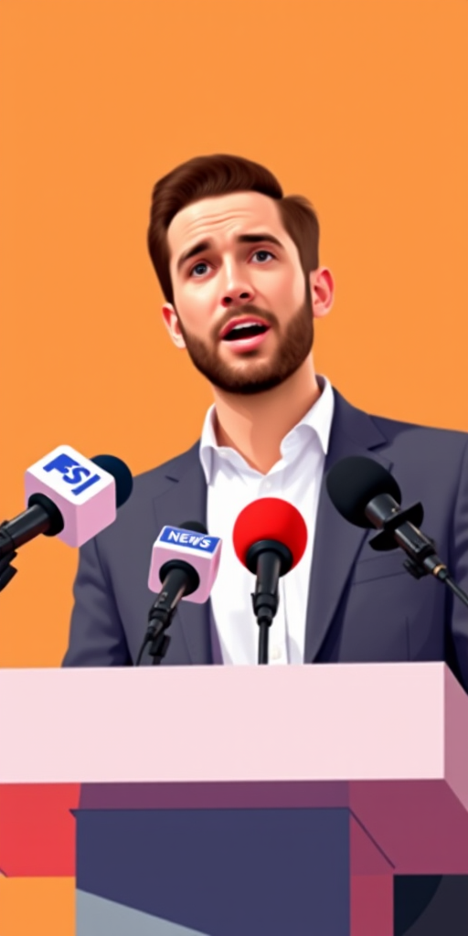 Create a vector illustration of a male speaker at a podium with TV and news microphones, bright solid background, shot with a Canon EOS R5 using a 50mm f/1.2 lens, aperture at f/2.8, ISO 100, and soft lighting to enhance image clarity.