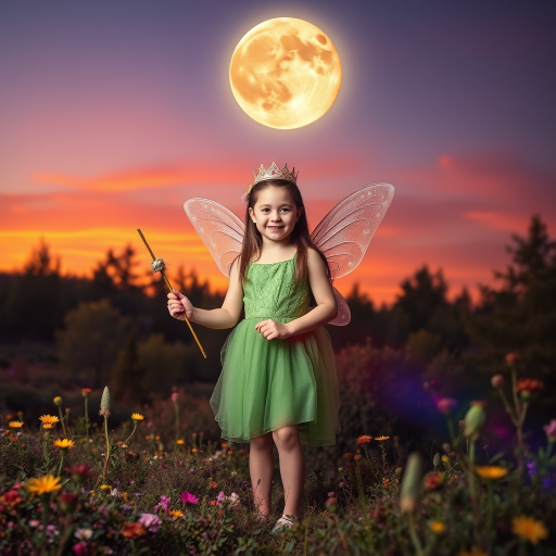 A vivid photo  taken under a bright camera flash of a fantastical scene set against a backdrop of a forest during sunset. The main subject is a girl dressed as a fairy, adorned with translucent wings and a green dress, holding a wand, her face is happy, and she wears a crown on her head. The forest behind her is a blend of flowers, shrubs and trees. The sky is painted in hues of orange and pink, with a large, glowing moon casting a warm glow over the scene. The overall color palette is dominated by earthy tones.