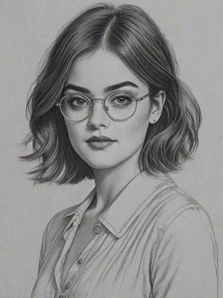 Sublime Lucy Hale, pencil sketch, portrait of Resplendent woman 1922s in glasses, hair style beatnik, outline, clear lines, fine lines, 8k