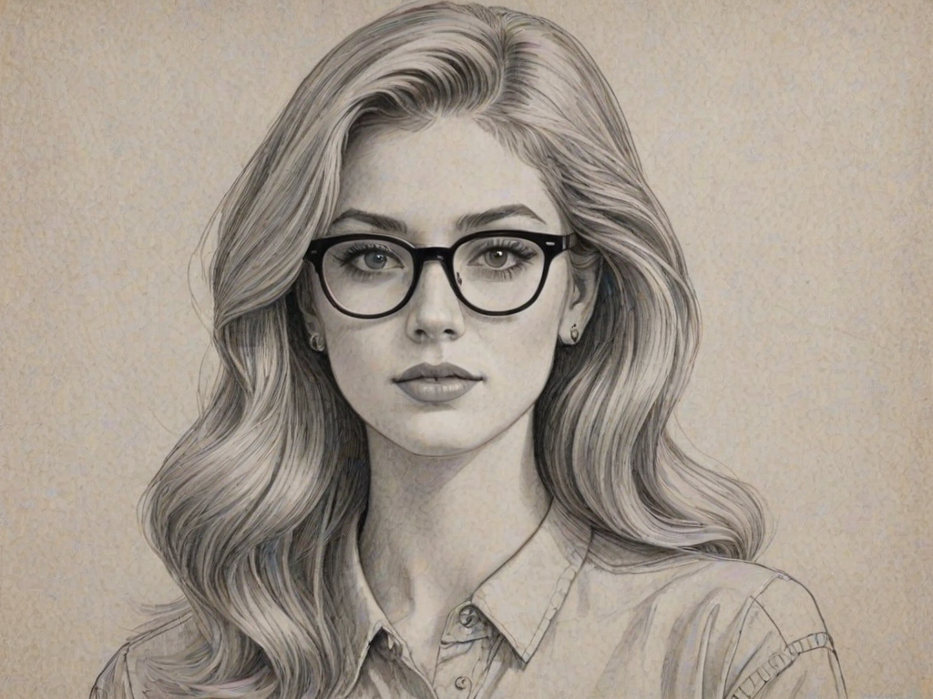 Pleasing Katherine McNamara, pencil sketch, portrait of Charming woman 1943s in glasses, hair style beatnik, outline, clear lines, fine lines, 8k