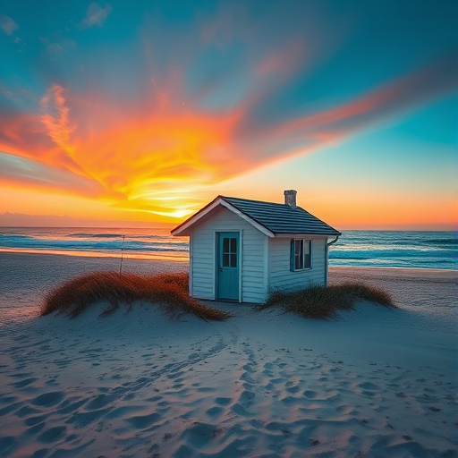 generate an image of a small charming beachfront cottage surrounded by sand and ocean waves during sunset, using a wide-angle lens with a shallow depth of field, aperture f/2.8, ISO 100, 24mm focal length, captured with a DSLR camera for enhanced clarity and vibrant colors