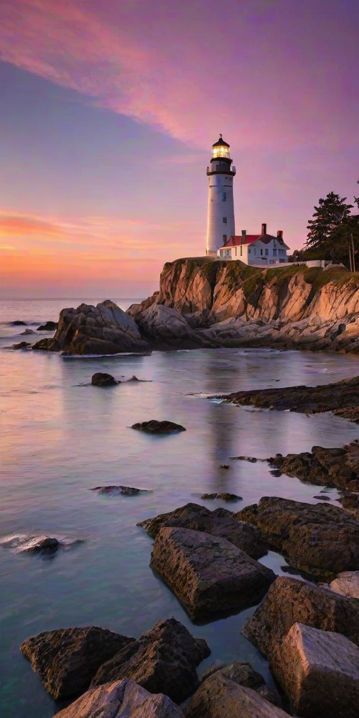 Generate an image of a tall lighthouse perched on a rocky outcrop surrounded by calm ocean waters during a breathtaking sunset. The lighthouse stands sturdy and weathered, its stone surface illuminated by the warm golden light of the setting sun. The sun's rays pass directly through the glass lantern room at the top of the lighthouse, casting a brilliant light across the scene. The sky is painted with vibrant shades of orange, pink, and purple, reflecting off the tranquil sea. The surrounding water shimmers with the same warm hues, creating a serene and majestic atmosphere.