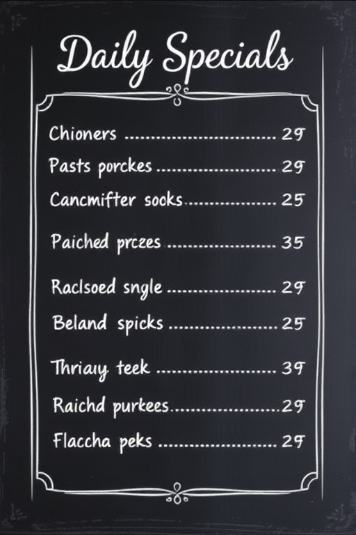 Create a high-resolution image of a chalkboard menu with the title "Daily Specials" at the top, using a DSLR camera with a 50mm lens, aperture f/2.8, ISO 100, shot from a straight-on view and styled with a vintage filter for enhanced warmth and texture.