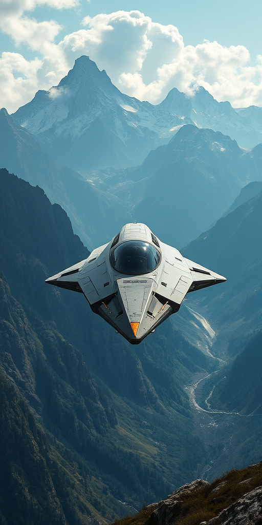 Futuristic spacecraft docking in a breathtaking mountain landscape, high-resolution, wide-angle lens, aperture f/8, ISO 100, shutter speed 1/250s, HDR imaging, digital SLR camera.
