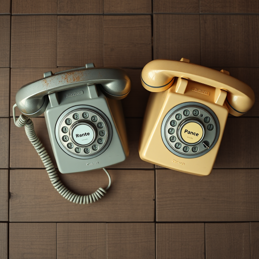 Regenerate an image of two vintage rotary phones on a wooden surface, shot with a Canon EOS R5 at f/2.8, ISO 100, shutter speed 1/60s, overhead view, in natural light to enhance detail and texture.
