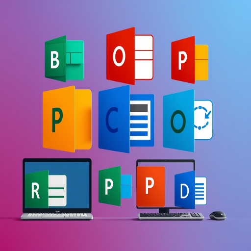 create a colorful digital illustration representing different Microsoft Office applications with a modern flat design style, using a Canon EOS R5 camera with a 35mm lens, aperture set to f/8 for sharp focus, ISO 100 for high image quality, shot from a straight-on view to emphasize symmetry and vibrant colors