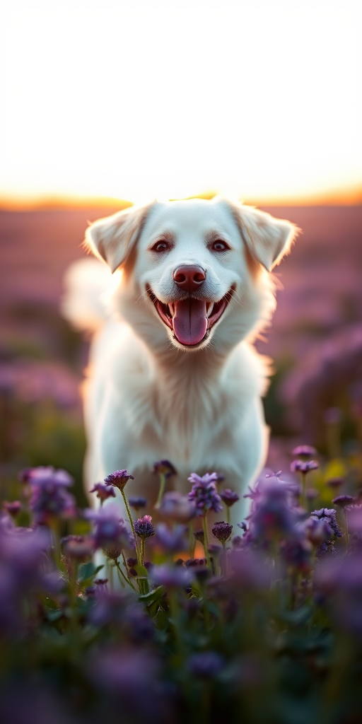 A happy white dog standing in a field of purple flowers during golden hour, with soft focus background, shallow depth of field, shot on a DSLR camera, 50mm lens, aperture f/1.8, ISO 200, natural light.