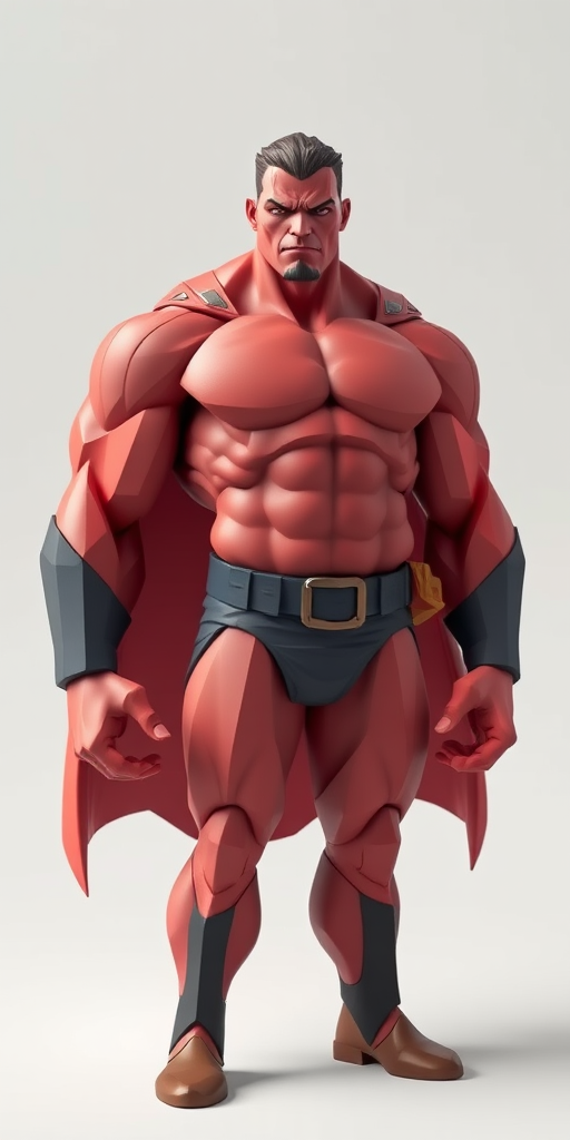 Create a highly detailed 3D model of a muscular superhero inspired by comic book characters, with a geometric, low-poly design emphasizing strength and emotion, using a DSLR camera at f/4 aperture, 50mm lens, 1/125 shutter speed, in soft natural lighting, with a neutral-colored backdrop for enhanced contrast.