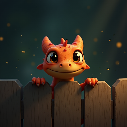 A small, scruffy cartoon-like dragon peers over a wooden fence with wide, expressive amber eyes, giving it an endearing look. The dark, muted background with streaks of faded color adds to the atmosphere of vulnerability and longing. The dragon's oversized eyes, full of emotion, draw the viewer in, evoking a sense of empathy and tenderness. Flecks of light and small bits of debris gently float through the scene, creating a soft, melancholic mood as the dragon waits patiently for comfort.