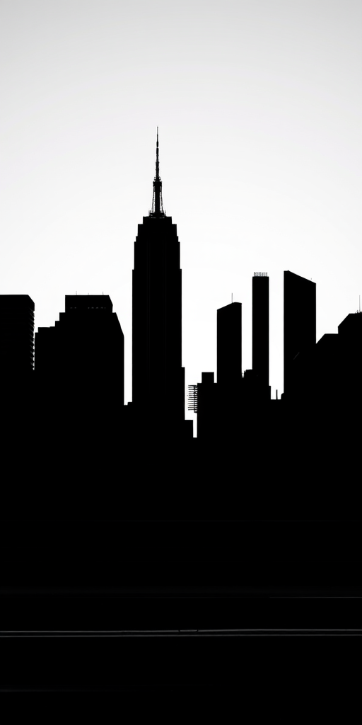 Create a high-resolution image of a stylized silhouette of a city skyline with iconic buildings and geometric patterns, using a Canon EOS R5 with a 50mm lens at f/1.8, ISO 100, and a shutter speed of 1/200s, shot from a low angle with a wide view for added depth and contrast.