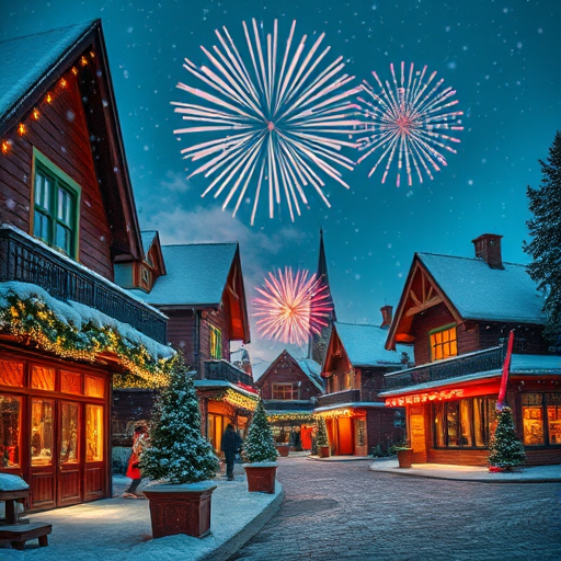 Create a winter village scene with festive decorations, snow falling, and fireworks in the sky at night, shot with a DSLR camera, 50mm lens, aperture f/1.8, ISO 400, and a low angle view to capture the magic of the moment.