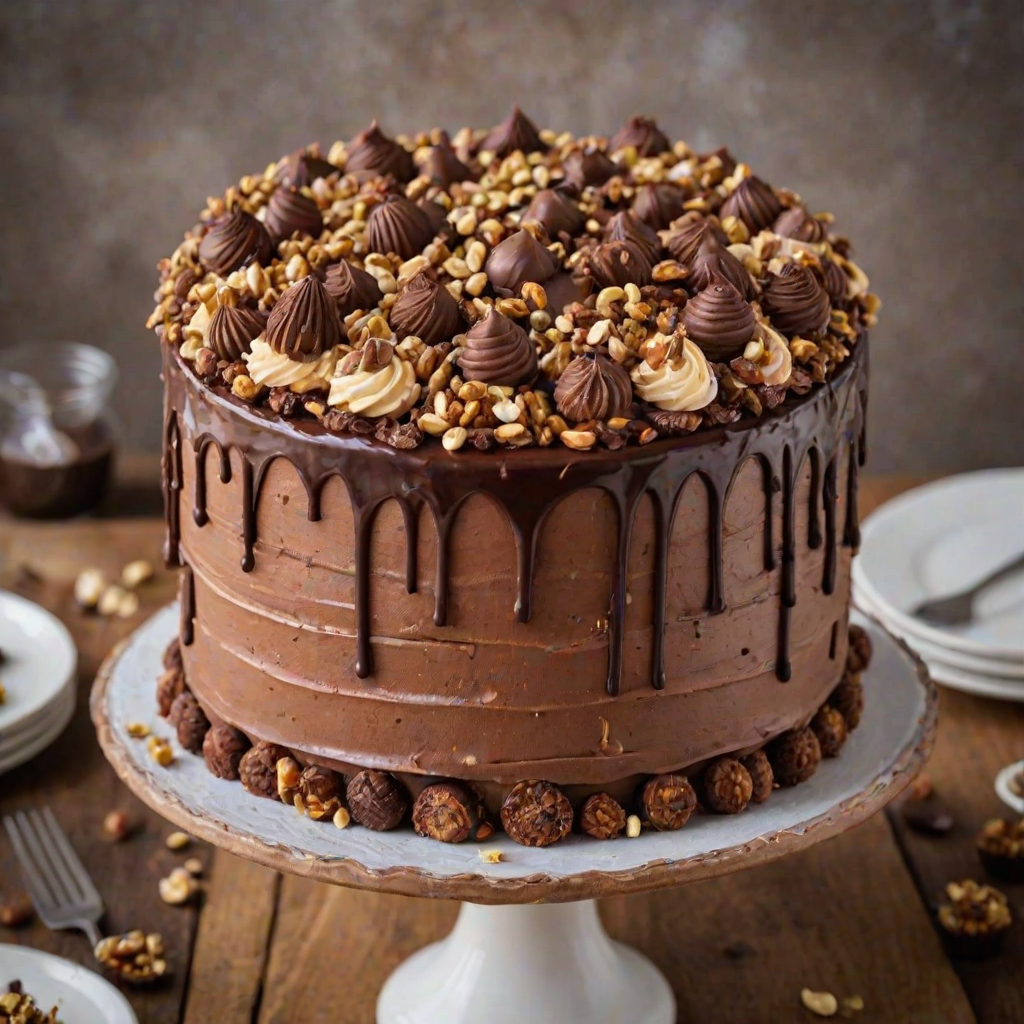 Create an image of a layered cake with a rich chocolate ganache on top, decorated with mini chocolate cupcakes and crushed nuts. The cake should have a smooth buttercream finish and be adorned with swirls of frosting. Add some chocolate candies on top for extra decoration.