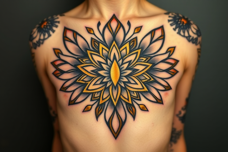 Art deco-inspired tattoo featuring symmetrical patterns, bold geometric shapes, and metallic gold accents, capturing the glamour and sophistication of the roaring twenties