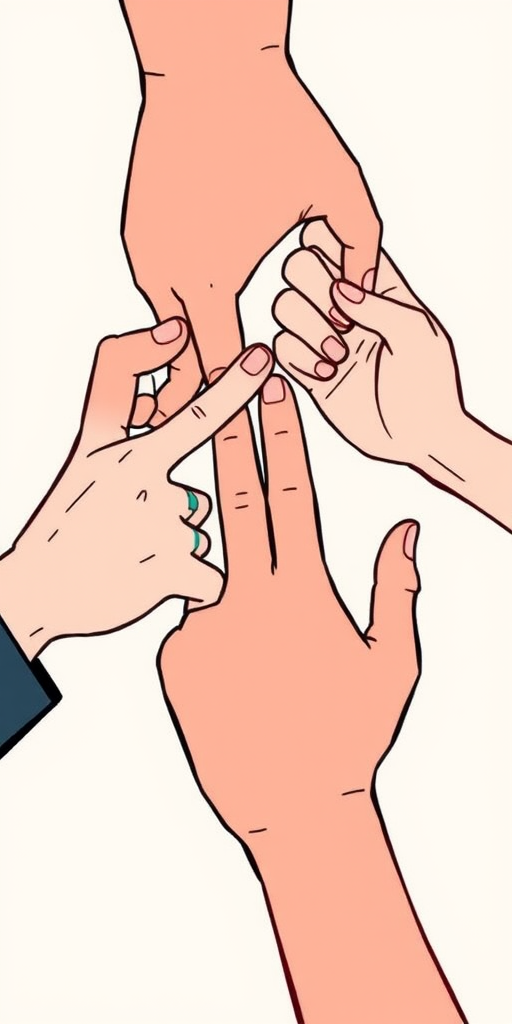Create an illustration of three hands engaged in a game of Rock-Paper-Scissors, focus on dynamic hand gestures and clear outlines, use a 50mm lens, f/2.8 aperture, 1/60 shutter speed, and a soft focus background for depth, style should be minimalistic and illustrative, digital art.