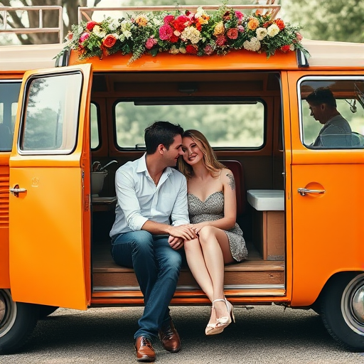 Couple sitting in the doorway of a vintage orange van adorned with flowers, soft natural lighting, focus on their expressions, aperture f/2.8, ISO 200, shutter speed 1/200s, 35mm lens, portrait photography style.