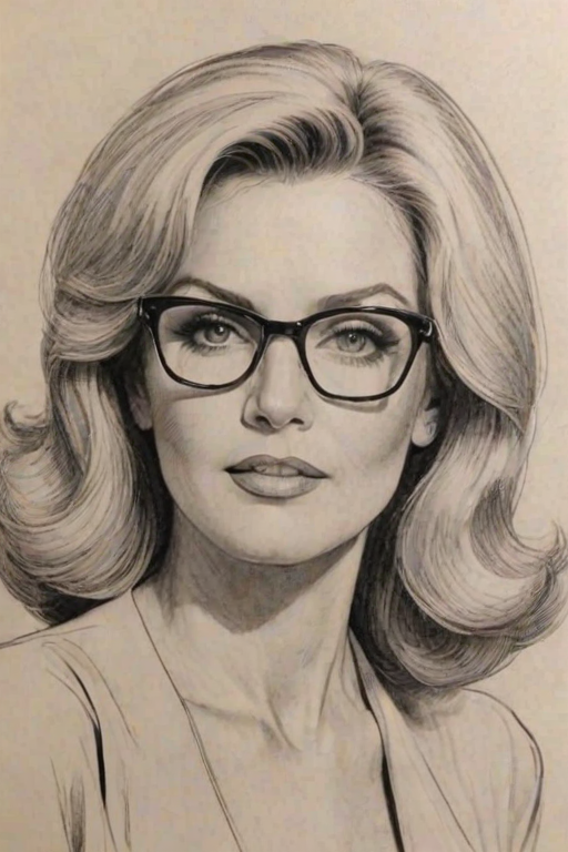 Ravishing Donna Mills, pencil sketch, portrait of Beauteous woman 1945s in glasses, hair style beatnik, outline, clear lines, fine lines, 8k